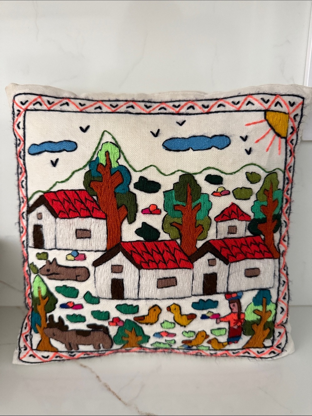 Vintage Embroidered Village Scene Pillow